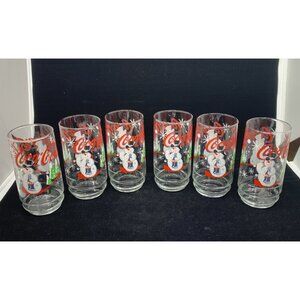 Set of 6 Coca-Cola Smiling Snowman Holiday Glasses Indiana Glass 1999 Vtg Xmas